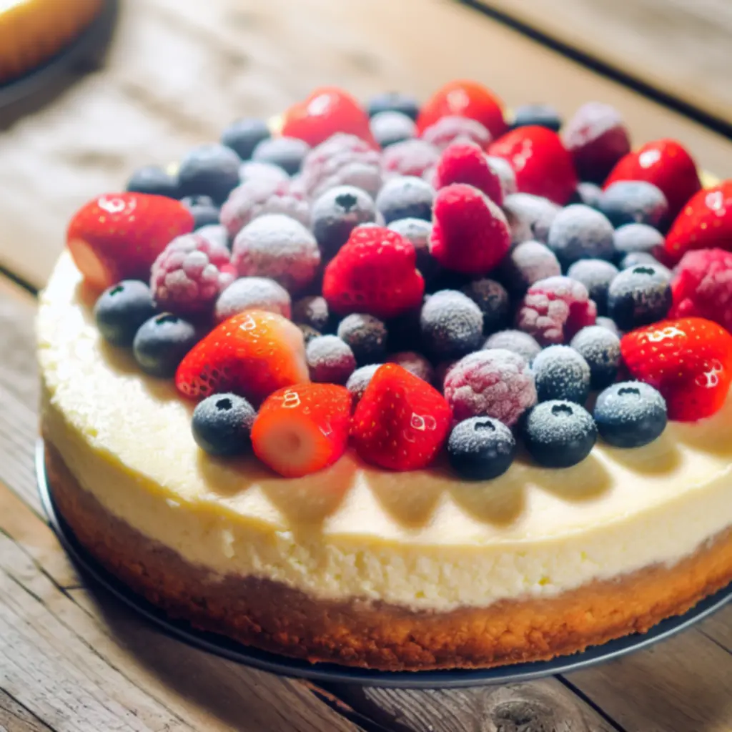 Cheesecake casero con frutos rojos frescos